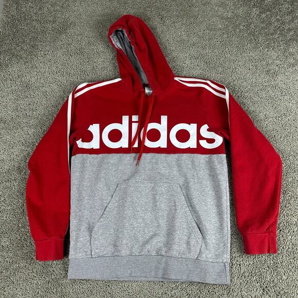Adidas Hoodie Mens Medium Red Gray Colorblock 3 Stripes Pullover Sweatshirt - Picture 1 of 13